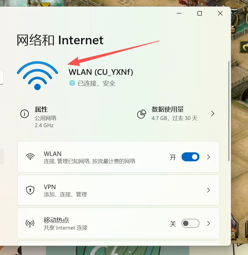 设置 → 网络和 Internet → WLAN 中已连接网络的属性页