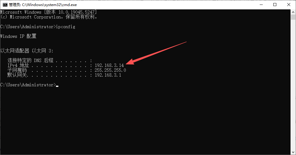 Windows命令提示符中运行ipconfig