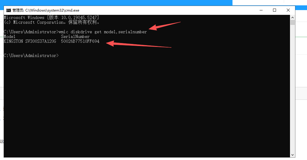 Windows 命令提示符中运行 wmic diskdrive get model,serialnumber 后的输出结果