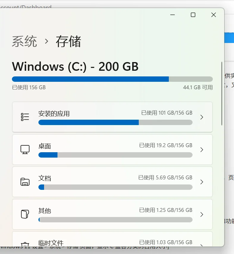 Windows 11 设置 > 系统 > 存储 页面