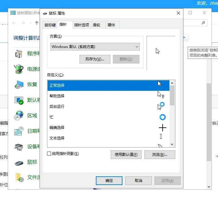 控制面板 → 鼠标 → 指针选项卡